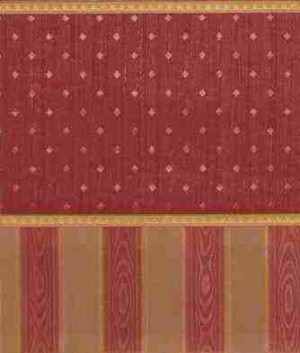 Wallpaper - 10" HIGH wall - Dark red striated background and smooth diamonds with bright gold borders and red/gold moiré striped wainscot.