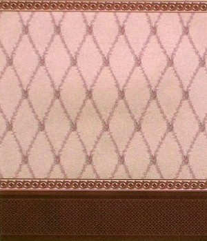 Wallpaper - 10" HIGH wall - Rose-coloured ivy rose pattern on gold background with burgundy/gold borders and burgundy wainscot.