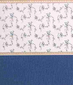 Wallpaper - 10" HIGH wall - Blue/burgundy/green/grey fine floral on pure white background with pale gold borders and navy blue textured wainscot.