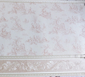Wallpaper - 10" HIGH wall - Pale pink toile on white background with pale beige/pearly white borders and pink and pearly white carved leaf design wainscot.