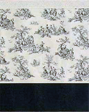 Wallpaper - 10" high wall. Black toile pattern on off-white background, black wainscot with alternating 1¼" wide flat and satin vertical stripes, off-white and tan borders