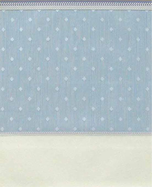 Wallpaper - 10" high wall. Light blue striated background and smooth diamond pattern, white wainscot, blue-white borders.