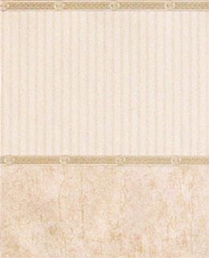 Wallpaper - 10" high wall. Beige and white striped  with  white-silver-gold lightly embossed  borders and pearly white pale gold crackle marble wainscot.
