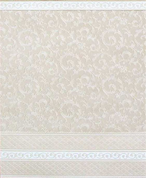 Wallpaper - 10" high wall. Light creme vines on medium creme background pattern, yellow-gold-creme wainscot and border.