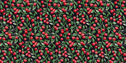 Red berries, green leaves on black background, 100% cotton